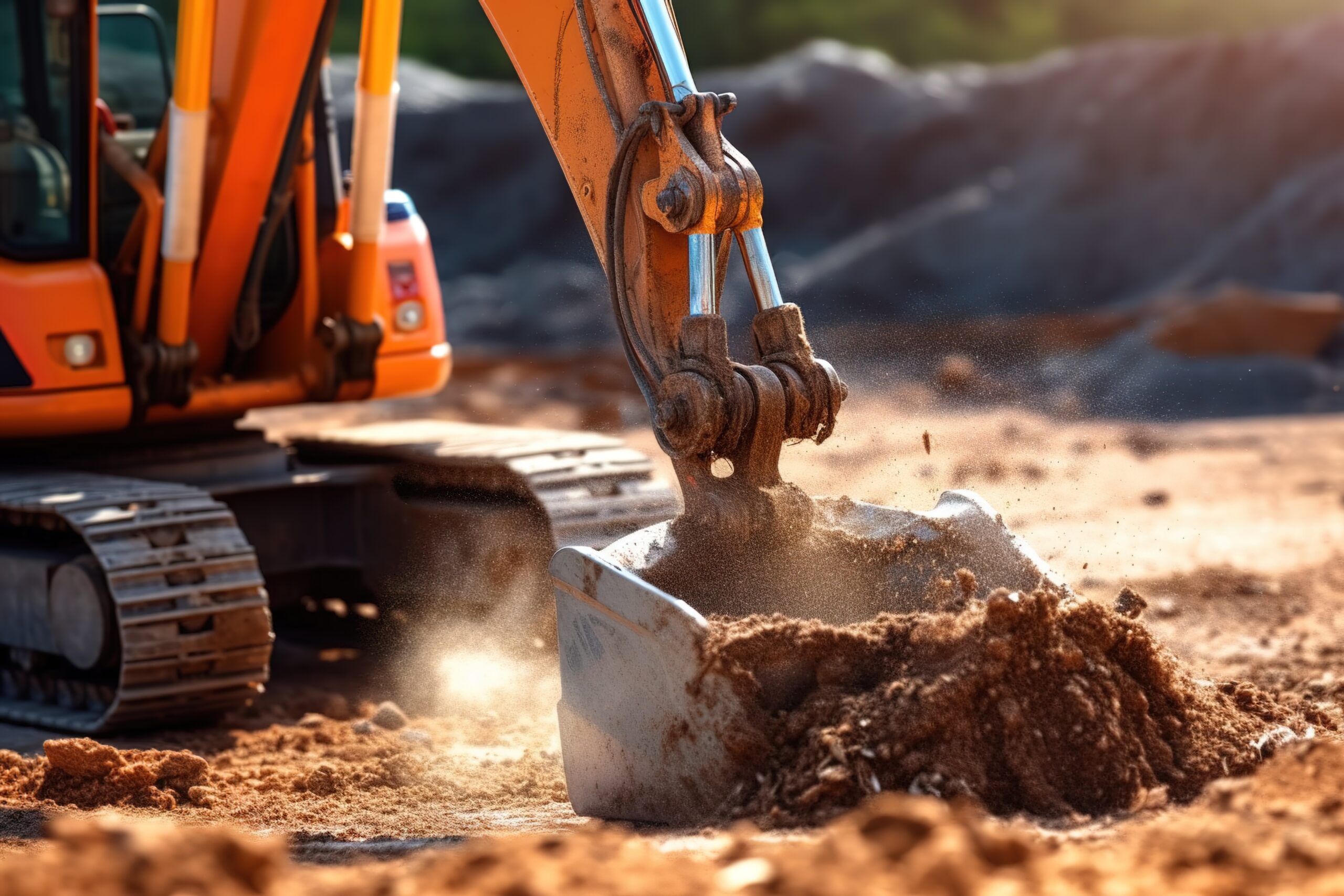 A tractor rakes the earth with a bucket. Land works. Generative AI